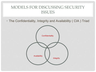 MODELS FOR DISCUSSING SECURITY
ISSUES
• The Confidentiality, Integrity and Availability ( CIA ) Triad
Confidentiality
Availability
Integrity
 