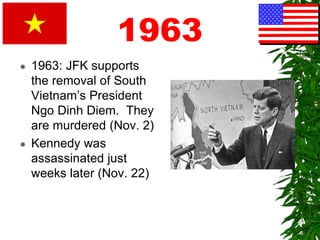 1963
 1963: JFK supports
the removal of South
Vietnam’s President
Ngo Dinh Diem. They
are murdered (Nov. 2)
 Kennedy was
assassinated just
weeks later (Nov. 22)
 