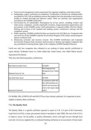 •   Factory-level management system requirement for ongoing compliance and improvement.
    •   Independent, expert verification of compliance: Certification of facilities by auditing bodies
        accredited by SAI. SAI accreditation ensures that auditors have the procedures and resources
        needed to conduct thorough and objective audits. There are currently nine organizations
        accredited to do SA8000 certification.
    •   Involvement by all stakeholders: Participation by all key sectors, including workers and
        trade unions, companies, socially responsible investors, nongovernmental organizations and
        government, in the SA8000 system. Such participation is required withthe Advisory Board,
        drafting and revision of the standard and auditing system, conferences, training, and the
        complaints system.
    •   Public reporting: SA8000 certified facilities are posted on the SAI Web site. Companies that
        join level two of the SA8000 Corporate Involvement Program (CIP) release annual progress
        reports verified by SAI.
    •   Harnessing consumer and investor concern: The SA8000 Certification and Corporate
        Involvement Program help consumers and investors to identify and support companies that
        are committed to assuring human rights in the workplace SA8000 Standard Elements.

Untill now only four companies have obtained or are working to obtain specific certification to
export abroad: Al-Baraka Farms Co, Nabil Abdel Hay Attieh Farms, Atta Abdel Hakim Syouri,
Agricultural Investment.
They have the following quality certifications.



Nabil Abdel Hay Attieh Farms                  CE-MARK
                                              IPM (Integrated Pest
                                              Management) and Quality
Al-Baraka Farms Co. Ltd.                      Mark


Atta Abdel Hakim Syouri                       ISO 9000
                                              It is working to obtain ISO
                                              9001:2000 certificate and
                                              HACCP and Eurep-Gap (in
                                              order to start organic dates
Agricultural Investment                       export)



CE-MARK, ISO, EUREP-GAP and HACCP have been already explained. It is important to point
slightly to Quality Mark certificates.

7.3.e The Quality Mark

The Quality Mark is a specific certificate required to export in U.K. It is part of the Community
Legal Service (CLS), a major government initiative launched in April 2000. The aim of the CLS is
to improve access, for the public, to quality information, advice and legal services through local
networks of services supported by co-ordinated funding and based on an assessment of local needs.
                                                  26
 