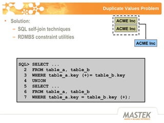 Duplicate Values Problem <ul><li>Solution: </li></ul><ul><ul><li>SQL self-join techniques </li></ul></ul><ul><ul><li>RDMBS...