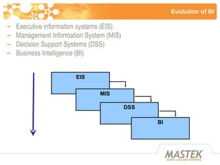 Evolution of BI <ul><ul><li>Executive information systems (EIS) </li></ul></ul><ul><ul><li>Management Information System (...