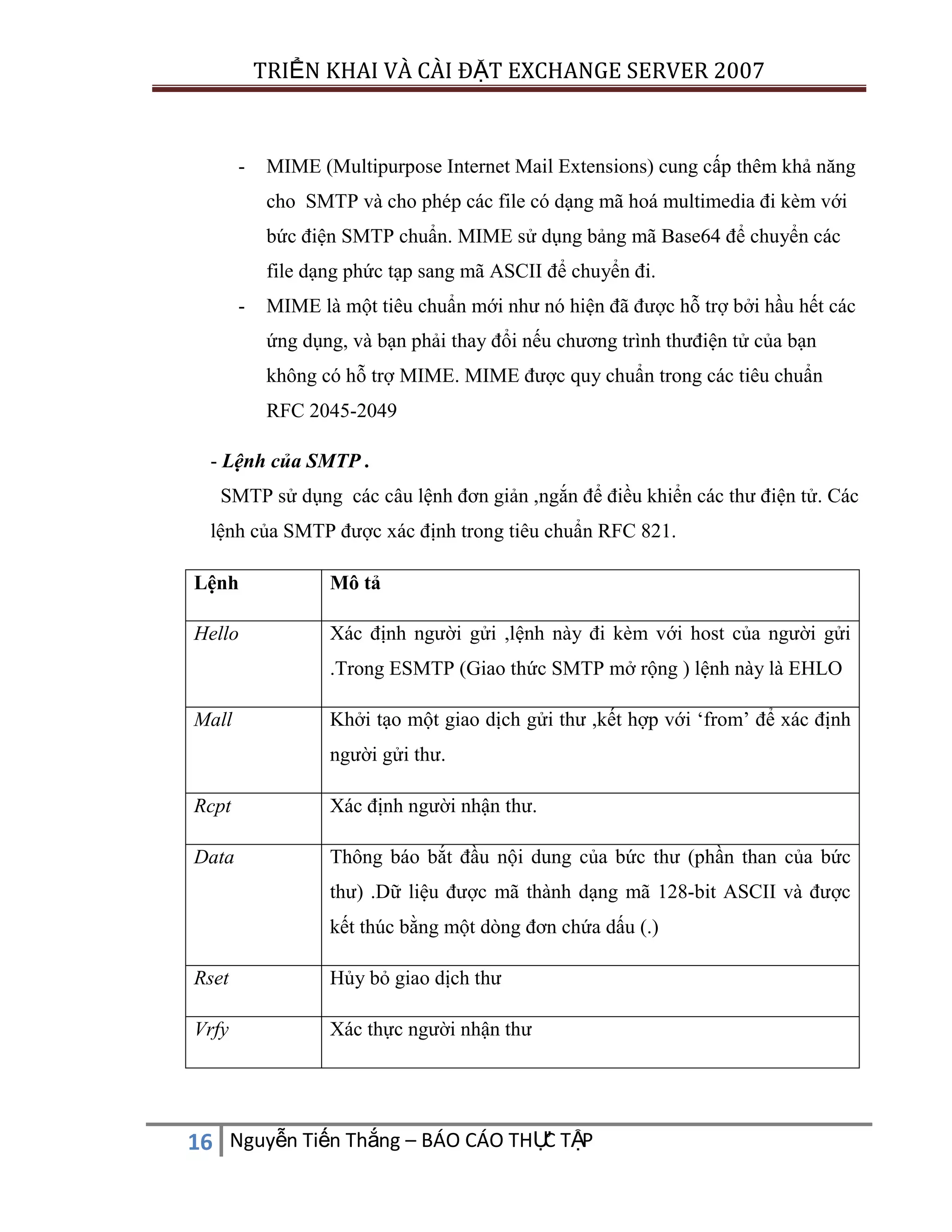 TRIỂN KHAI VÀ CÀI ĐẶT EXCHANGE SERVER 2007

-

MIME (Multipurpose Internet Mail Extensions) cung cấp thêm khả năng
cho SMTP và cho phép các file có dạng mã hoá multimedia đi kèm với
bức điện SMTP chuẩn. MIME sử dụng bảng mã Base64 để chuyển các
file dạng phức tạp sang mã ASCII để chuyển đi.

-

MIME là một tiêu chuẩn mới như nó hiện đã được hỗ trợ bởi hầu hết các
ứng dụng, và bạn phải thay đổi nếu chương trình thưđiện tử của bạn
không có hỗ trợ MIME. MIME được quy chuẩn trong các tiêu chuẩn
RFC 2045-2049

- Lệnh của SMTP .
SMTP sử dụng các câu lệnh đơn giản ,ngắn để điều khiển các thư điện tử. Các
lệnh của SMTP được xác định trong tiêu chuẩn RFC 821.
Lệnh

Mô tả

Hello

Xác định người gửi ,lệnh này đi kèm với host của người gửi
.Trong ESMTP (Giao thức SMTP mở rộng ) lệnh này là EHLO

Mall

Khởi tạo một giao dịch gửi thư ,kết hợp với „from‟ để xác định
người gửi thư.

Rcpt

Xác định người nhận thư.

Data

Thông báo bắt đầu nội dung của bức thư (phần than của bức
thư) .Dữ liệu được mã thành dạng mã 128-bit ASCII và được
kết thúc bằng một dòng đơn chứa dấu (.)

Rset

Hủy bỏ giao dịch thư

Vrfy

Xác thực người nhận thư

C
16 Nguyễn Tiến Thắng – BÁO CÁO THỰ TẬP

 
