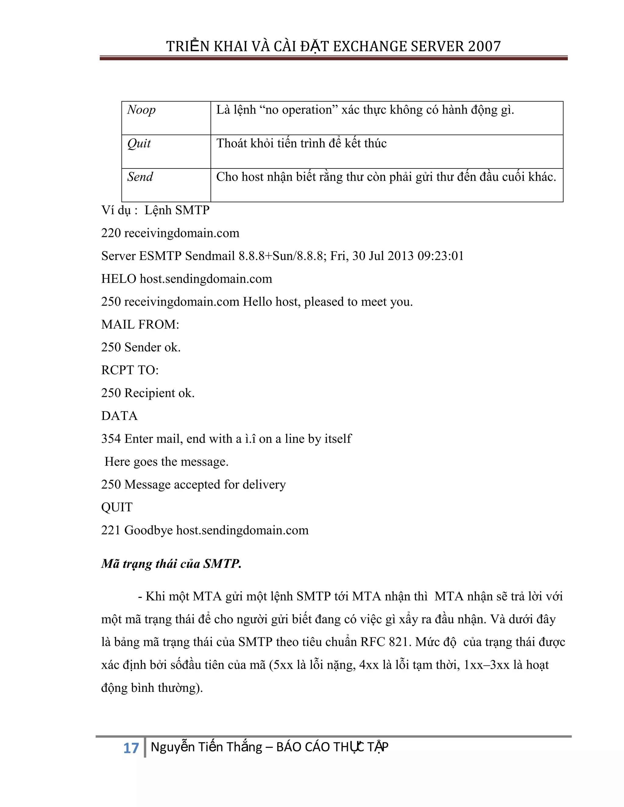TRIỂN KHAI VÀ CÀI ĐẶT EXCHANGE SERVER 2007

Noop

Là lệnh “no operation” xác thực không có hành động gì.

Quit

Thoát khỏi tiến trình để kết thúc

Send

Cho host nhận biết rằng thư còn phải gửi thư đến đầu cuối khác.

Ví dụ : Lệnh SMTP
220 receivingdomain.com
Server ESMTP Sendmail 8.8.8+Sun/8.8.8; Fri, 30 Jul 2013 09:23:01
HELO host.sendingdomain.com
250 receivingdomain.com Hello host, pleased to meet you.
MAIL FROM:
250 Sender ok.
RCPT TO:
250 Recipient ok.
DATA
354 Enter mail, end with a ì.î on a line by itself
Here goes the message.
250 Message accepted for delivery
QUIT
221 Goodbye host.sendingdomain.com
Mã trạng thái của SMTP.
- Khi một MTA gửi một lệnh SMTP tới MTA nhận thì MTA nhận sẽ trả lời với
một mã trạng thái để cho người gửi biết đang có việc gì xẩy ra đầu nhận. Và dưới đây
là bảng mã trạng thái của SMTP theo tiêu chuẩn RFC 821. Mức độ của trạng thái được
xác định bởi sốđầu tiên của mã (5xx là lỗi nặng, 4xx là lỗi tạm thời, 1xx–3xx là hoạt
động bình thường).

C
17 Nguyễn Tiến Thắng – BÁO CÁO THỰ TẬP

 
