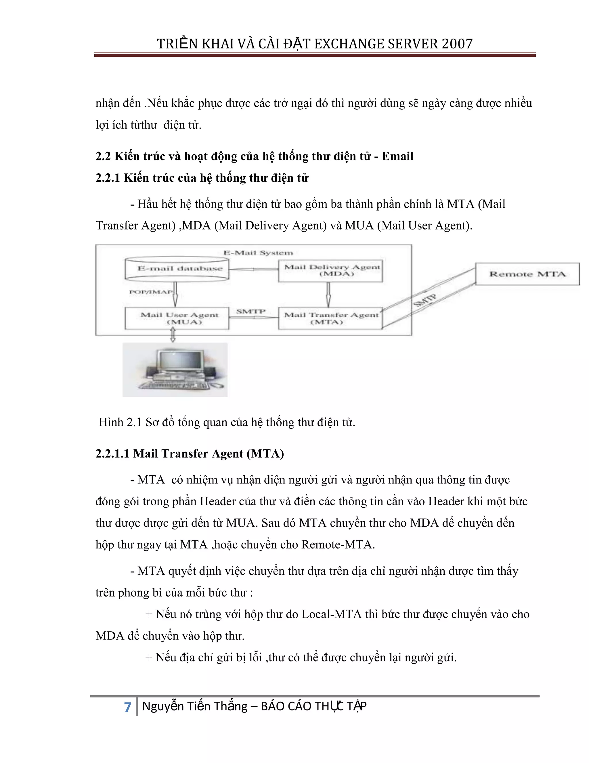TRIỂN KHAI VÀ CÀI ĐẶT EXCHANGE SERVER 2007

nhận đến .Nếu khắc phục được các trở ngại đó thì người dùng sẽ ngày càng được nhiều
lợi ích từthư điện tử.
2.2 Kiến trúc và hoạt động của hệ thống thư điện tử - Email
2.2.1 Kiến trúc của hệ thống thư điện tử
- Hầu hết hệ thống thư điện tử bao gồm ba thành phần chính là MTA (Mail
Transfer Agent) ,MDA (Mail Delivery Agent) và MUA (Mail User Agent).

Hình 2.1 Sơ đồ tổng quan của hệ thống thư điện tử.
2.2.1.1 Mail Transfer Agent (MTA)
- MTA có nhiệm vụ nhận diện người gửi và người nhận qua thông tin được
đóng gói trong phần Header của thư và điền các thông tin cần vào Header khi một bức
thư được được gửi đến từ MUA. Sau đó MTA chuyền thư cho MDA để chuyền đến
hộp thư ngay tại MTA ,hoặc chuyển cho Remote-MTA.
- MTA quyết định việc chuyển thư dựa trên địa chỉ người nhận được tìm thấy
trên phong bì của mỗi bức thư :
+ Nếu nó trùng với hộp thư do Local-MTA thì bức thư được chuyển vào cho
MDA để chuyển vào hộp thư.
+ Nếu địa chỉ gửi bị lỗi ,thư có thể được chuyển lại người gửi.

C
7 Nguyễn Tiến Thắng – BÁO CÁO THỰ TẬP

 