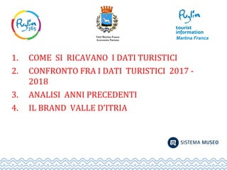 1. COME SI RICAVANO I DATI TURISTICI
2. CONFRONTO FRA I DATI TURISTICI 2017 -
2018
3. ANALISI ANNI PRECEDENTI
4. IL BRAND VALLE D’ITRIA
 