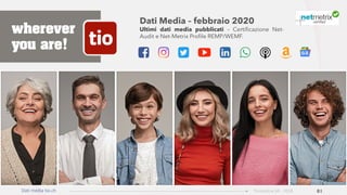 Dati Media – febbraio 2020
Ultimi dati media pubblicati – Certificazione Net-
Audit e Net-Metrix Profile REMP/WEMF.
Dati media tio.ch 01Ticinonline SA - 2018
wherever
you are!
 