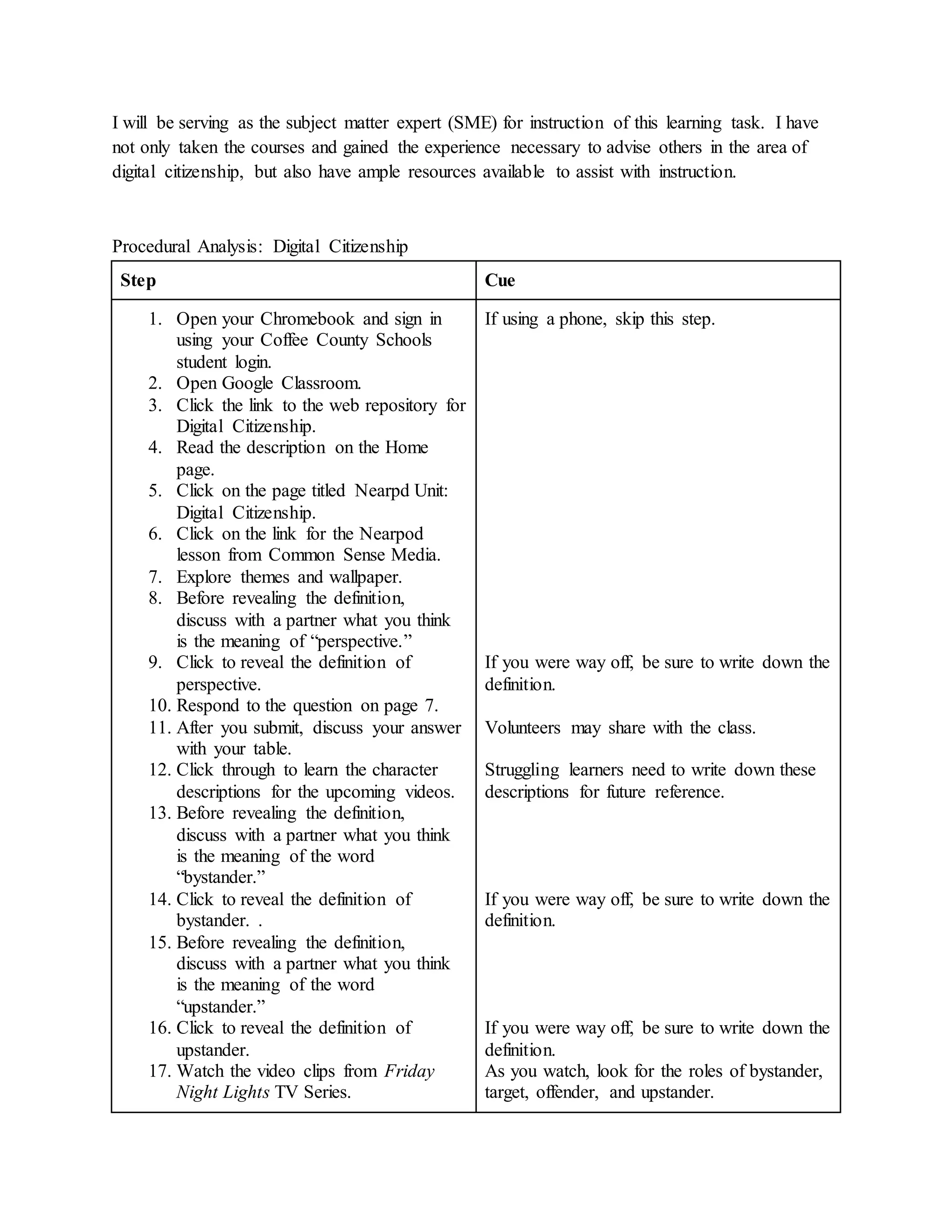 I will be serving as the subject matter expert (SME) for instruction of this learning task. I have
not only taken the courses and gained the experience necessary to advise others in the area of
digital citizenship, but also have ample resources available to assist with instruction.
Procedural Analysis: Digital Citizenship
Step Cue
1. Open your Chromebook and sign in
using your Coffee County Schools
student login.
2. Open Google Classroom.
3. Click the link to the web repository for
Digital Citizenship.
4. Read the description on the Home
page.
5. Click on the page titled Nearpd Unit:
Digital Citizenship.
6. Click on the link for the Nearpod
lesson from Common Sense Media.
7. Explore themes and wallpaper.
8. Before revealing the definition,
discuss with a partner what you think
is the meaning of “perspective.”
9. Click to reveal the definition of
perspective.
10. Respond to the question on page 7.
11. After you submit, discuss your answer
with your table.
12. Click through to learn the character
descriptions for the upcoming videos.
13. Before revealing the definition,
discuss with a partner what you think
is the meaning of the word
“bystander.”
14. Click to reveal the definition of
bystander. .
15. Before revealing the definition,
discuss with a partner what you think
is the meaning of the word
“upstander.”
16. Click to reveal the definition of
upstander.
17. Watch the video clips from Friday
Night Lights TV Series.
If using a phone, skip this step.
If you were way off, be sure to write down the
definition.
Volunteers may share with the class.
Struggling learners need to write down these
descriptions for future reference.
If you were way off, be sure to write down the
definition.
If you were way off, be sure to write down the
definition.
As you watch, look for the roles of bystander,
target, offender, and upstander.
 