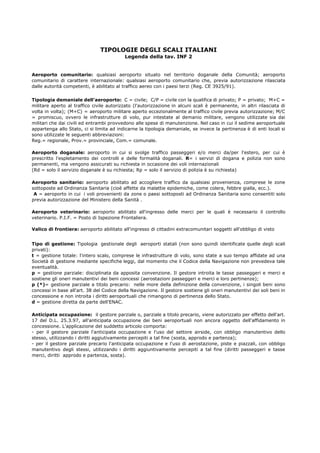 TIPOLOGIE DEGLI SCALI ITALIANI
                                          Legenda della tav. INF 2


Aeroporto comunitario: qualsiasi aeroporto situato nel territorio doganale della Comunità; aeroporto
comunitario di carattere internazionale: qualsiasi aeroporto comunitario che, previa autorizzazione rilasciata
dalle autorità competenti, è abilitato al traffico aereo con i paesi terzi (Reg. CE 3925/91).


Tipologia demaniale dell'aeroporto: C = civile; C/P = civile con la qualifica di privato; P = privato; M+C =
militare aperto al traffico civile autorizzato (l'autorizzazione in alcuni scali è permanente, in altri rilasciata di
volta in volta); (M+C) = aeroporto militare aperto eccezionalmente al traffico civile previa autorizzazione; M/C
= promiscuo, ovvero le infrastrutture di volo, pur intestate al demanio militare, vengono utilizzate sia dai
militari che dai civili ed entrambi provvedono alle spese di manutenzione. Nel caso in cui il sedime aeroportuale
appartenga allo Stato, ci si limita ad indicarne la tipologia demaniale, se invece la pertinenza è di enti locali si
sono utilizzate le seguenti abbreviazioni:
Reg.= regionale, Prov.= provinciale, Com.= comunale.

Aeroporto doganale: aeroporto in cui si svolge traffico passeggeri e/o merci da/per l'estero, per cui è
prescritto l'espletamento dei controlli e delle formalità doganali. R= i servizi di dogana e polizia non sono
permanenti, ma vengono assicurati su richiesta in occasione dei voli internazionali
(Rd = solo il servizio doganale è su richiesta; Rp = solo il servizio di polizia è su richiesta)

Aeroporto sanitario: aeroporto abilitato ad accogliere traffico da qualsiasi provenienza, comprese le zone
sottoposte ad Ordinanza Sanitaria (cioè affette da malattie epidemiche, come colera, febbre gialla, ecc.).
 A = aeroporto in cui i voli provenienti da zone o paesi sottoposti ad Ordinanza Sanitaria sono consentiti solo
previa autorizzazione del Ministero della Sanità .

Aeroporto veterinario: aeroporto abilitato all'ingresso delle merci per le quali è necessario il controllo
veterinario. P.I.F. = Posto di Ispezione Frontaliera.

Valico di frontiera: aeroporto abilitato all'ingresso di cittadini extracomunitari soggetti all'obbligo di visto


Tipo di gestione: Tipologia gestionale degli aeroporti statali (non sono quindi identificate quelle degli scali
privati):
t = gestione totale: l'intero scalo, comprese le infrastrutture di volo, sono state a suo tempo affidate ad una
Società di gestione mediante specifiche leggi, dal momento che il Codice della Navigazione non prevedeva tale
eventualità.
p = gestione parziale: disciplinata da apposita convenzione. Il gestore introita le tasse passeggeri e merci e
sostiene gli oneri manutentivi dei beni concessi (aerostazioni passeggeri e merci e loro pertinenze);
p (*)= gestione parziale a titolo precario: nelle more della definizione della convenzione, i singoli beni sono
concessi in base all'art. 38 del Codice della Navigazione. Il gestore sostiene gli oneri manutentivi dei soli beni in
concessione e non introita i diritti aeroportuali che rimangono di pertinenza dello Stato.
d = gestione diretta da parte dell'ENAC.

Anticipata occupazione: il gestore parziale o, parziale a titolo precario, viene autorizzato per effetto dell'art.
17 del D.L. 25.3.97, all'anticipata occupazione dei beni aeroportuali non ancora oggetto dell'affidamento in
concessione. L'applicazione del suddetto articolo comporta:
- per il gestore parziale l'anticipata occupazione e l'uso del settore airside, con obbligo manutentivo dello
stesso, utilizzando i diritti aggiutivamente percepiti a tal fine (sosta, approdo e partenza);
- per il gestore parziale precario l'anticipata occupazione e l'uso di aerostazione, piste e piazzali, con obbligo
manutentivo degli stessi, utilizzando i diritti aggiuntivamente percepiti a tal fine (diritti passeggeri e tasse
merci, diritti approdo e partenza, sosta).
 