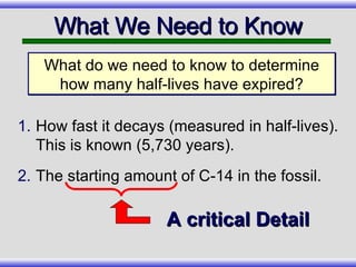 How fast it decays (measured in half-lives).  This is known (5,730 years). The starting amount of C-14 in the fossil. What We Need to Know What do we need to know to determine how many half-lives have expired? A critical Detail   
