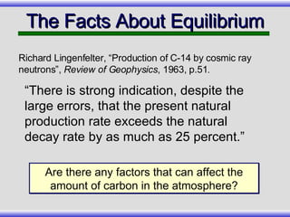 “There is strong indication, despite the large errors, that the present natural production rate exceeds the natural decay rate by as much as 25 percent.” The Facts About Equilibrium Richard Lingenfelter, “Production of C-14 by cosmic ray neutrons”,  Review of Geophysics , 1963, p.51 . Are there any factors that can affect the amount of carbon in the atmosphere? 