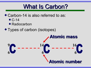 What Is Carbon? Carbon-14 is also referred to as: C-14 Radiocarbon Types of carbon (isotopes) C 14 6 C 9 6 C 16 6 Atomic mass Atomic number 