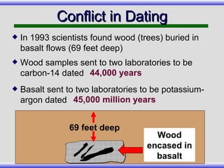 Conflict in Dating In 1993 scientists found wood (trees) buried in basalt flows (69 feet deep) Wood samples sent to two laboratories to be carbon-14 dated Basalt sent to two laboratories to be potassium-argon dated 44,000 years 45,000 million years Wood embedded in lava flow (basalt) 69 feet deep Wood encased in basalt 