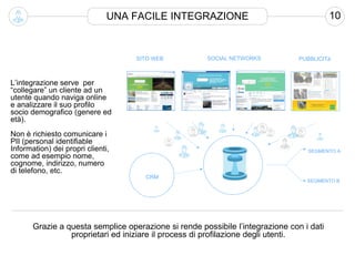 SEGMENTO B
L’integrazione serve per
“collegare” un cliente ad un
utente quando naviga online
e analizzare il suo profilo
socio demografico (genere ed
età).
Non è richiesto comunicare i
PII (personal identifiable
Information) dei propri clienti,
come ad esempio nome,
cognome, indirizzo, numero
di telefono, etc.
UNA FACILE INTEGRAZIONE 10
Grazie a questa semplice operazione si rende possibile l’integrazione con i dati
proprietari ed iniziare il process di profilazione degli utenti.
SEGMENTO A
SITO WEB SOCIAL NETWORKS PUBBLICITà
CRM
 