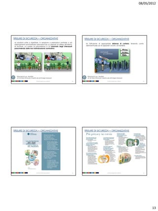 08/05/2012




MISURE DI SICUREZZA – ORGANIZZATIVE                                               MISURE DI SICUREZZA – ORGANIZZATIVE
a) soluzioni volte a rispettare, in relazione a prestazioni sanitarie o ad
                                                                                   b) l'istituzione di appropriate distanze di cortesia, tenendo conto
adempimenti amministrativi preceduti da un periodo di attesa all'interno
                                                                                   dell'eventuale uso di apparati vocali o di barriere;
di strutture, un ordine di precedenza e di chiamata degli interessati
prescindendo dalla loro individuazione nominativa




   Riferimenti D.Lgs. 196/2003:                                                     Riferimenti D.Lgs. 196/2003:
   art. 83 Altre misure per il rispetto dei diritti degli interessati               art. 83 Altre misure per il rispetto dei diritti degli interessati

                                       Università degli Studi di Milano      49                                          Università degli Studi di Milano     50




MISURE DI SICUREZZA – ORGANIZZATIVE                                               MISURE DI SICUREZZA – ORGANIZZATIVE




                                       Università degli Studi di Milano      51                                          Università degli Studi di Milano     52




                                                                                                                                                                   13
 