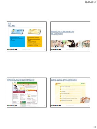 08/05/2012




SISS
LE CARTE


                                                                                                                        SERVIZI SOCIO-SANITARI ON LINE
                                                                                                                        PER IL CITTADINO

   CARTA OPERATORI SISS                                         CARTA REGIONALE DEI SERVIZI
   • Permette l’autenticazione dell’operatore al                • CF
     SISS                                                       • TEAM (Tessera Europea di Assicurazione
   • Firma digitale                                               Malattia )
                                                                • Tessera Sanitaria Nazionale
                                                                • Carta Nazionale dei Servizi
                                                                • Permette di effettuare la firma elettronica
                                                                • Costituisce una modalità di accesso ai servizi
                                                                  erogati in rete dalle pubbliche
                                                                  amministrazioni ex art. 64 del CAD




                                            Università degli Studi di Milano                                       73                      Università degli Studi di Milano     74




WWW.CRS.REGIONE.LOMBARDIA.IT                                                                                            SERVIZI SOCIO-SANITARI ON LINE




                                            Università degli Studi di Milano                                       75                      Università degli Studi di Milano     76




                                                                                                                                                                                     19
 