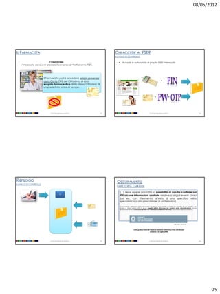 08/05/2012




IL FARMACISTA                                                                   CHI ACCEDE AL FSE?
                                                                                II LIVELLO DI CONTROLLO

                              CONDIZIONE:                                             Accede in autonomia al proprio FSE l’interessato
    L’interessato deve aver prestato il consenso al “Trattamento FSE”.




                          II Farmacista potrà accedere solo in presenza
                          della Carta CRS del Cittadino, al solo                                                                                    +
                          erogato farmaceutico dello stesso Cittadino di
                          un predefinito arco di tempo.


                                                                                                                                         +                      +




                               Università degli Studi di Milano            97                                                    Università degli Studi di Milano                                            98




RIEPILOGO                                                                        OSCURAMENTO
II LIVELLO DI CONTROLLO
                                                                                 LINEE GUIDA GARANTE

                                                                                    […] deve essere garantita la possibilità di non far confluire nel
                                              SI                                    FSE alcune informazioni sanitarie relative a singoli eventi clinici
                                                                                    (ad es., con riferimento all'esito di una specifica visita
                                                                                    specialistica o alla prescrizione di un farmaco).
                                                                                    L'"oscuramento" dell'evento clinico (revocabile nel tempo) deve peraltro avvenire con modalità tali da garantire che,
                                                                                    almeno in prima battuta, tutti (o alcuni) soggetti abilitati all'accesso non possano venire automaticamente (anche
                                                                                    temporaneamente) a conoscenza del fatto che l'interessato ha effettuato tale scelta ("oscuramento dell'oscuramento").




                                                                                                                                                                      [doc. web n. 1634116]



                                                                                                        Linee guida in tema di Fascicolo sanitario elettronico (Fse) e di dossier
                                                                                                                               sanitario - 16 luglio 2009




                               Università degli Studi di Milano            99                                                    Università degli Studi di Milano                                           100




                                                                                                                                                                                                                  25
 