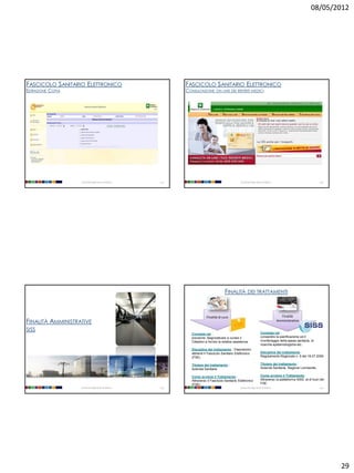 08/05/2012




FASCICOLO SANITARIO ELETTRONICO                             FASCICOLO SANITARIO ELETTRONICO
ESTRAZIONE COPIA                                            CONSULTAZIONE ON LINE DEI REFERTI MEDICI




                   Università degli Studi di Milano   113                                          Università degli Studi di Milano                               114




                                                                                       FINALITÀ DEI TRATTAMENTI


                                                                          Finalità di cura                                              Finalità
FINALITÀ AMMINISTRATIVE                                                                                                               Amministrative

SISS
                                                               Consiste nel :                                          Consiste nel :
                                                               prevenire, diagnosticare e curare il                    consentire la pianificazione ed il
                                                               Cittadino e fornire la relativa assistenza              monitoraggio della spesa sanitaria, le
                                                                                                                       ricerche epidemiologiche etc..
                                                               Disciplina del trattamento : Disposizioni
                                                               attinenti il Fascicolo Sanitario Elettronico            Disciplina del trattamento :
                                                               (FSE)                                                   Regolamento Regionale n. 9 del 18.07.2006

                                                               Titolare del trattamento :                              Titolare del trattamento :
                                                               Azienda Sanitaria                                       Azienda Sanitaria, Regione Lombardia

                                                               Come avviene il Trattamento :                           Come avviene il Trattamento :
                                                               Attraverso il Fascicolo Sanitario Elettronico           Attraverso la piattaforma SISS, al di fuori del
                                                               (FSE)                                                   FSE
                   Università degli Studi di Milano   115                                          Università degli Studi di Milano                               116




                                                                                                                                                                         29
 