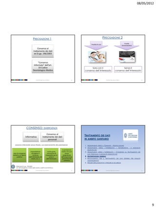 08/05/2012




                                  PRECISAZIONE 1                                                                                    PRECISAZIONE 2
                                                                                                                                                                           Finalità
                                                                                                                 Finalità di cura
                                                                                                                                                                         Amministrative
                                       Consenso al
                                  trattamento dei dati
                                   ex D.Lgs. 196/2003


                                      “Consenso
                                  Informato” dell’art.
                                       33 Codice                                                             Solo con il                                           Senza il
                                 Deontologico Medico                                                   consenso dell’Interessato                           consenso dell’Interessato



                                      Università degli Studi di Milano                            33                                  Università degli Studi di Milano                               34




                        CONSENSO: EMERGENZA

                                                           Consenso al
                    Informativa                       trattamento dei dati
                                                                                                       TRATTAMENTO DEI DATI
                                                            personali                                  IN AMBITO SANITARIO

   possono intervenire senza ritardo, successivamente alla prestazione                                 1. ADEMPIMENTI VERSO IL GARANTE – NOTIFICAZIONE
                                                                                                       2. ADEMPIMENTI VERSO L’INTERESSATO – I NFORMATIVA                             E    MODALITÀ
                                                                                    La prestazione          SEMPLIFICATE
                            Impossibilità di                     rischio grave,    medica che puo'     3.   ADEMPIMENTI VERSO L’INTERESSATO              – CONSENSO AL TRATTAMENTO DEI
 caso di emergenza            raccogliere il                    imminente ed             essere
                                                                                                            DATI PERSONALI E MODALITÀ SEMPLIFICATE
sanitaria o di igiene            consenso                    irreparabile per la     pregiudicata
      pubblica            (dall’interessato, dal                    salute o       dall'acquisizione   4. AUTORIZZAZIONI GENERALI
                              tutore, ecc..)                   dell'interessato     preventiva del     5. REGOLAMENTO PER IL TRATTAMENTO DEI DATI SENSIBILI PER FINALITÀ
                                                                                       consenso             AMMINISTRATIVE
                                                                                                       6. M ISURE ORGANIZZATIVE E M ISURE DI SICUREZZA
     Riferimenti D.Lgs. 196/2003:
     art. 82 Emergenze e tutela della salute e dell'incolumità fisica

                                      Università degli Studi di Milano                            35                                  Università degli Studi di Milano                               36




                                                                                                                                                                                                          9
 