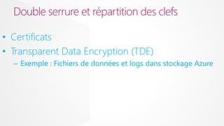 Double serrure et répartition des clefs
• Certificats
• Transparent Data Encryption (TDE)
– Exemple : Fichiers de données et logs dans stockage Azure

 