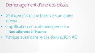 Déménagement d’une des pièces
• Déplacement d’une base vers un autre
serveur
• Simplification du « déménagement » :
– Non adhérence à l’instance

• Pratique aussi dans le cas d’AlwaysOn AG

 