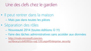 Une des clefs chez le gardien
• Il peut rentrer dans la maison
– Mais pas dans toutes les pièces

• Séparation des rôles
– Nouveauté 2014 (toutes éditions  !!!)
– Faire des tâches administratives sans accéder aux données
– http://msdn.microsoft.com/enus/library/cc645993(v=sql.120).aspx#Enterprise_security

 