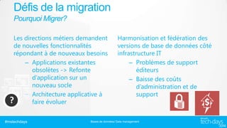 Défis de la migration
Pourquoi Migrer?
Les directions métiers demandent
de nouvelles fonctionnalités
répondant à de nouveaux besoins
– Applications existantes
obsolètes -> Refonte
d’application sur un
nouveau socle
– Architecture applicative à
faire évoluer
#mstechdays

Harmonisation et fédération des
versions de base de données côté
infrastructure IT
– Problèmes de support
éditeurs
– Baisse des coûts
d’administration et de
support

Bases de données/ Data management

 