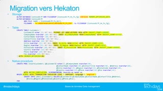 Migration vers Hekaton
•

Storage
ALTER DATABASE ContosoOLTP ADD FILEGROUP [ContosoOLTP_hk_fs_fg] CONTAINS MEMORY_OPTIMIZED_DATA;
ALTER DATABASE ContosoOLTP
ADD FILE (NAME = [ContosoOLTP_fs_dir],
FILENAME = 'H:MOUNTHEADDATACONTOSOOLTP_FS_DIR') to FILEGROUP [ContosoOLTP_hk_fs_fg];

•

Table
CREATE TABLE Customers (
CustomerID nchar (5) NOT NULL PRIMARY KEY NONCLUSTERED HASH WITH (BUCKET_COUNT=100000),
CompanyName nvarchar (40) NOT NULL INDEX IX_CompanyName HASH(CompanyName) WITH (BUCKET_COUNT=65536),
ContactName nvarchar (30) NOT NULL ,
ContactTitle nvarchar (30) NOT NULL ,
Address nvarchar (60) NOT NULL ,
Ville nvarchar (15) NOT NULL INDEX IX_Ville HASH(Ville) WITH (BUCKET_COUNT=1024),
Region nvarchar (15) NOT NULL INDEX IX_Region HASH(Region) WITH (BUCKET_COUNT=1024),
PostalCode nvarchar (10) NOT NULL INDEX IX_PostalCode HASH(PostalCode) WITH (BUCKET_COUNT=100000),
Country nvarchar (15) NOT NULL ,
Phone nvarchar (24) NOT NULL ,
Fax nvarchar (24) NOT NULL
) WITH (MEMORY_OPTIMIZED=ON)

•

Native procedure
CREATE PROC InsertCustomers (@CustomerID nchar(5),@CompanyName nvarchar(40),
@ContactName nvarchar(30),@ContactTitle nvarchar(30), @Address nvarchar(60),
@Ville nvarchar(15),@Region nvarchar(15),@PostalCode nvarchar(10),
@Country nvarchar(15),@Phone nvarchar(24),@Fax nvarchar(24))
WITH NATIVE_COMPILATION, SCHEMABINDING, execute as owner as
BEGIN ATOMIC WITH (TRANSACTION ISOLATION LEVEL = SNAPSHOT, language = 'english')
INSERT INTO [dbo].[Customers] VALUES(@CustomerID,@CompanyName,@ContactName,@ContactTitle,@Address,
@Ville,@Region,@PostalCode,@Country,@Phone,@Fax);
END

#mstechdays

Bases de données/ Data management

 