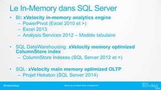 Le In-Memory dans SQL Server
• BI: xVelocity in-memory analytics engine
– PowerPivot (Excel 2010 et >)
– Excel 2013
– Analysis Services 2012 – Modèle tabulaire
• SQL DataWarehousing: xVelocity memory optimized
ColumnStore index
– ColumnStore Indexes (SQL Server 2012 et >)
• SQL: xVelocity main memory optimized OLTP
– Projet Hekaton (SQL Server 2014)
#mstechdays

Bases de données/ Data management

 