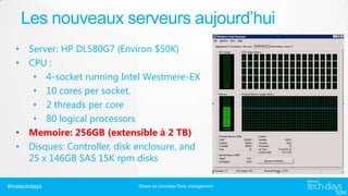 Les nouveaux serveurs aujourd’hui
• Server: HP DL580G7 (Environ $50K)
• CPU :
• 4-socket running Intel Westmere-EX
• 10 cores per socket,
• 2 threads per core
• 80 logical processors
• Memoire: 256GB (extensible à 2 TB)
• Disques: Controller, disk enclosure, and
25 x 146GB SAS 15K rpm disks
#mstechdays

Bases de données/ Data management

 