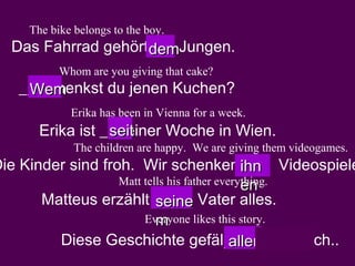 The bike belongs to the boy.

Das Fahrrad gehörtdemJungen.
__
Whom are you giving that cake?

__ schenkst du jenen Kuchen?
Wem
Erika has been in Vienna for a week.

Erika ist __ einer Woche in Wien.
seit
The children are happy. We are giving them videogames.

Die Kinder sind froh. Wir schenken ihn Videospiele
___
Matt tells his father everything.
en
Matteus erzählt seine Vater alles.
___
Everyone likes this story.
m
Diese Geschichte gefälltallen Mensch..
____
jedem

 