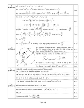 Với và ta có:0x y z+ + = 2 2 2
1,x y z+ + =
2 2 2 2 2
0 ( ) 2 ( ) 2 1 2 2 ,x y z x y z x y z yz x yz= + + = + + + + + = − + nên 2 1
.
2
yz x= −
Mặt khác
2 2 2
1
,
2 2
y z x
yz
+ −
≤ = suy ra:
2
2 1 1
,
2 2
x
x
−
− ≤ do đó
6 6
3 3
x− ≤ ≤ (*).
0,25
Khi đó: P = 5 2 2 3 3 2 2
( )( ) ( )x y z y z y z y z+ + + − +
= ( )
2
5 2 2 2 2 1
(1 ) ( )( ) ( )
2
x x y z y z yz y z x+ − + + − + + −⎡ ⎤⎣ ⎦ x
= ( ) ( )
2
5 2 2 2 21 1
(1 ) (1 )
2 2
x x x x x x x⎡ ⎤+ − − − + − + −
⎢ ⎥⎣ ⎦
x = ( )35
2 .
4
x x−
0,25
Xét hàm 3
( ) 2f x x= − x trên
6 6
;
3 3
,
⎡ ⎤
−⎢ ⎥
⎢ ⎥⎣ ⎦
suy ra 2
'( ) 6 1;f x x= −
6
'( ) 0 .
6
f x x= ⇔ = ±
Ta có
6 6 6
9
,
3 6
f f
⎛ ⎞ ⎛ ⎞
− = =−⎜ ⎟ ⎜ ⎟
⎝ ⎠ ⎝ ⎠
6 6
.
3 6
f f
⎛ ⎞ ⎛ ⎞
= − =⎜ ⎟ ⎜ ⎟
⎝ ⎠ ⎝ ⎠
6
9
Do đó
6
( ) .
9
f x ≤
Suy ra
5 6
.
36
P ≤
0,25
6
(1,0 điểm)
Khi
6
,
3 6
x y z= = =−
6
thì dấu bằng xảy ra. Vậy giá trị lớn nhất của P là
5 6
.
36
0,25
(C1) có tâm là gốc tọa độ O. Gọi I là tâm của đường tròn (C)
cần viết phương trình, ta có .A
Trang 3/4
B OI⊥ Mà AB d⊥ và
O d∉ nên OI//d, do đó OI có phương trình y = x.
0,25
Mặt khác 2( )I C ,∈ nên tọa độ của I thỏa mãn hệ:
2 2
3
(3;3).
312 18 0
y x x
I
yx y x
=⎧ =⎧⎪
⇔ ⇒⎨ ⎨
=+ − + = ⎩⎪⎩
0,25
Do (C) tiếp xúc với d nên (C) có bán kính ( , ) 2 2.R d I d= = 0,25
7.a
(1,0 điểm)
Vậy phương trình của (C) là 2 2
( 3) ( 3) 8x y .− + − = 0,25
Gọi (S) là mặt cầu cần viết phương trình và I là tâm của (S).
Do nên tọa độ của điểm I có dạngI d∈ (1 2 ; ; 2 ).I t t t+ −
0,25
Do nên, ( )A B S∈ ,AI BI= suy ra .2 2 2 2 2 2
(2 1) ( 1) 4 (2 3) ( 3) (2 2) 1t t t t t t t− + − + = + + − + + ⇒ =− 0,25
Do đó và bán kính mặt cầu là( 1; 1; 2)I − − 17.IA = 0,25
8.a
(1,0 điểm)
Vậy, phương trình mặt cầu (S) cần tìm là 2 2 2
( 1) ( 1) ( 2) 17x y z+ + + + − = . 0,25
Số cách chọn 4 học sinh trong lớp là C4
25 12650.= 0,25
Số cách chọn 4 học sinh có cả nam và nữ là 1 3 2 2 3 1
15 10 15 10 15 10. . .C C C C C C+ + 0,25
= 11075. 0,25
9.a
(1,0 điểm)
Xác suất cần tính là
11075 443
.
12650 506
P = = 0,25
B
A I d
(C2)
(C)
(C1)
 