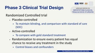 Phase 3 Clinical Trial Design
Randomized Controlled trial
• Placebo-controlled
• To maintain blinding, and comparison with...