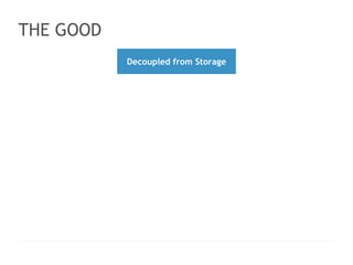 < > 
THE GOOD 
LOGO HERE 
Slogan line here www.website.com │ contact@website.com 
90 
Decoupled from Storage 
 
