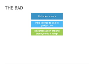 < > 
THE BAD 
Paid license to use in 
production 
LOGO HERE 
Slogan line here www.website.com │ contact@website.com 
96 
Not open source 
Documentation around 
deployment is rough 
 