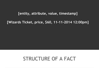[entity, attribute, value, timestamp] 
[Wizards Ticket, price, $60, 11-11-2014 12:00pm] 
STRUCTURE OF A FACT 
 