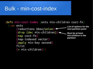 Bulk - min-cost-index

List of options for the
next partition point
Must be at least
min-children in the
partition

 