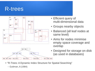 R-trees
●

●

●

●

●

●

Efficient query of
multi-dimensional data
Groups nearby objects
Balanced (all leaf nodes at
same level)
Aims for nodes minimise
empty space coverage and
overlap
Designed for storage on disk
(as used in databases)

"R-Trees: A Dynamic Index Structure for Spatial Searching"
–

Guttman, A (1984)

 