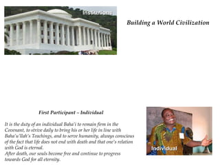 Institutions
                                                     Building a World
                                                       Civilization




                                                                      个人

First Participant – Individual

It is the duty of an individual Baha’i to remain
firm in the Covenant, to strive daily to bring his
or her life in line with Baha’u’llah’s Teachings,
and to serve humanity, always conscious of the
fact that life does not end with death and that
one’s relation with God is eternal.
After death, our souls become free and continue          Individual
to progress towards God for all eternity.
 