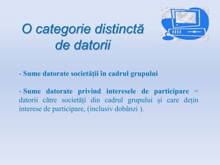 O categorie distinctă
de datorii
- Sume datorate societății în cadrul grupului
- Sume datorate privind interesele de participare =
datorii către societăți din cadrul grupului și care dețin
interese de participare, (inclusiv dobânzi ).
 