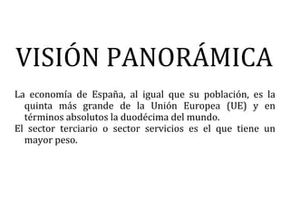VISIÓN PANORÁMICA
La economía de España, al igual que su población, es la
  quinta más grande de la Unión Europea (UE) y en
  términos absolutos la duodécima del mundo.
El sector terciario o sector servicios es el que tiene un
  mayor peso.
 