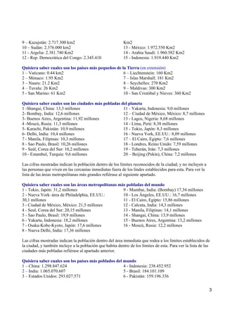 3
9 – Kazajstán: 2.717.300 km2
10 – Sudán: 2.376.000 km2
11 - Argelia: 2.381.740 Km2
12 - Rep. Democrática del Congo: 2.345.410
Km2
13 - México: 1.972.550 Km2
14 - Arabia Saudí: 1.960.582 Km2
15 - Indonesia: 1.919.440 Km2
Quisiera saber cuales son los países más pequeños de la Tierra (en extensión)
1 – Vaticano: 0.44 km2
2 – Mónaco: 1.95 Km2
3 – Nauru: 21.2 Km2
4 – Tuvalu: 26 Km2
5 - San Marino: 61 Km2
6 – Liechtenstein: 160 Km2
7 – Islas Marshall: 181 Km2
8 – Seychelles: 270 Km2
9 – Maldivas: 300 Km2
10 - San Cristóbal y Nieves: 360 Km2
Quisiera saber cuales son las ciudades más pobladas del planeta
1 -Shangai, China: 13,3 millones
2- Bombay, India: 12,6 millones
3- Buenos Aires, Argentina: 11,92 millones
4 -Moscú, Rusia: 11,3 millones
5- Karachi, Pakistán: 10,9 millones
6- Delhi, India: 10,4 millones
7 - Manila, Filipinas: 10,3 millones
8 - Sao Paulo, Brasil: 10,26 millones
9 - Seúl, Corea del Sur: 10,2 millones
10 - Estambul, Turquía: 9,6 millones
11 - Yakarta, Indonesia: 9,0 millones
12 – Ciudad de México, México: 8,7 millones
13 - Lagos, Nigeria: 8,68 millones
14 - Lima, Perú: 8,38 millones
15 - Tokio, Japón: 8,3 millones
16 - Nueva York, EE.UU.: 8,09 millones
17 – El Cairo, Egipto: 7,6 millones
18 - Londres, Reino Unido: 7,59 millones
19 - Teherán, Irán: 7,3 millones
20 – Beijing (Pekín), China: 7,2 millones
Las cifras mostradas indican la población dentro de los límites reconocidos de la ciudad, y no incluyen a
las personas que viven en las cercanías inmediatas fuera de los lindes establecidos para esta. Para ver la
lista de las áreas metropolitanas más grandes refiérase al siguiente apartado.
Quisiera saber cuales son las áreas metropolitanas más pobladas del mundo
1 - Tokio, Japón: 31,2 millones
2 - Nueva York–área de Philadelphia, EE.UU.:
30,1 millones
3 - Ciudad de México, México: 21,5 millones
4 - Seul, Corea del Sur: 20,15 millones
5 - Sao Paulo, Brasil: 19,9 millones
6 - Yakarta, Indonesia: 18,2 millones
7 - Osaka-Kobe-Kyoto, Japón: 17,6 millones
8 - Nueva Delhi, India: 17,36 millones
9 - Mumbai, India: (Bombay) 17,34 millones
10 - Los Ángeles, EE.UU.: 16,7 millones
11 - El Cairo, Egipto: 15,86 millones
12 - Calcuta, India: 14,3 millones
13 - Manila, Filipinas: 14,1 millones
14 - Shangai, China: 13,9 millones
15 - Buenos Aires, Argentina: 13,2 millones
16 - Moscú, Rusia: 12,2 millones
Las cifras mostradas indican la población dentro del área inmediata que rodea a los límites establecidos de
la ciudad, y también incluye a la población que habita dentro de los límites de esta. Para ver la lista de las
ciudades más pobladas refiérase al apartado anterior.
Quisiera saber cuales son los países más poblados del mundo
1 – China: 1.298.847.624
2 – India: 1.065.070.607
3 – Estados Unidos: 293.027.571
4 - Indonesia: 238.452.952
5 - Brasil: 184.101.109
6 - Pakistán: 159.196.336
 