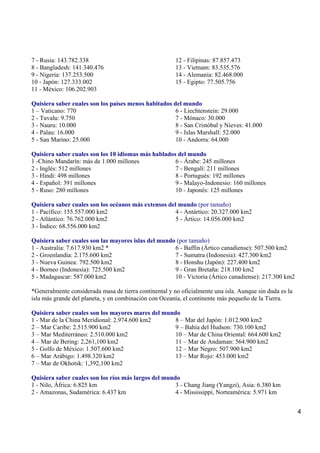 4
7 - Rusia: 143.782.338
8 - Bangladesh: 141.340.476
9 - Nigeria: 137.253.500
10 - Japón: 127.333.002
11 - México: 106.202.903
12 - Filipinas: 87.857.473
13 - Vietnam: 83.535.576
14 - Alemania: 82.468.000
15 - Egipto: 77.505.756
Quisiera saber cuales son los países menos habitados del mundo
1 – Vaticano: 770
2 - Tuvalu: 9.750
3 - Nauru: 10.000
4 - Palau: 16.000
5 - San Marino: 25.000
6 - Liechtenstein: 29.000
7 - Mónaco: 30.000
8 - San Cristóbal y Nieves: 41.000
9 - Islas Marshall: 52.000
10 - Andorra: 64.000
Quisiera saber cuales son los 10 idiomas más hablados del mundo
1 -Chino Mandarín: más de 1.000 millones
2 - Inglés: 512 millones
3 - Hindi: 498 millones
4 - Español: 391 millones
5 - Ruso: 280 millones
6 - Árabe: 245 millones
7 - Bengalí: 211 millones
8 - Portugués: 192 millones
9 - Malayo-Indonesio: 160 millones
10 - Japonés: 125 millones
Quisiera saber cuales son los océanos más extensos del mundo (por tamaño)
1 - Pacífico: 155.557.000 km2
2 - Atlántico: 76.762.000 km2
3 - Índico: 68.556.000 km2
4 - Antártico: 20.327.000 km2
5 - Ártico: 14.056.000 km2
Quisiera saber cuales son las mayores islas del mundo (por tamaño)
1 - Australia: 7.617.930 km2 *
2 - Groenlandia: 2.175.600 km2
3 - Nueva Guinea: 792.500 km2
4 - Borneo (Indonesia): 725.500 km2
5 - Madagascar: 587.000 km2
6 - Baffin (Ártico canadiense): 507.500 km2
7 - Sumatra (Indonesia): 427.300 km2
8 - Honshu (Japón): 227.400 km2
9 - Gran Bretaña: 218.100 km2
10 - Victoria (Ártico canadiense): 217.300 km2
*Generalmente considerada masa de tierra continental y no oficialmente una isla. Aunque sin duda es la
isla más grande del planeta, y en combinación con Oceanía, el continente más pequeño de la Tierra.
Quisiera saber cuales son los mayores mares del mundo
1 - Mar de la China Meridional: 2.974.600 km2
2 – Mar Caribe: 2.515.900 km2
3 – Mar Mediterráneo: 2.510.000 km2
4 – Mar de Bering: 2,261,100 km2
5 - Golfo de México: 1.507.600 km2
6 – Mar Arábigo: 1.498.320 km2
7 – Mar de Okhotsk: 1,392,100 km2
8 – Mar del Japón: 1.012.900 km2
9 – Bahía del Hudson: 730.100 km2
10 – Mar de China Oriental: 664.600 km2
11 – Mar de Andaman: 564.900 km2
12 – Mar Negro: 507.900 km2
13 – Mar Rojo: 453.000 km2
Quisiera saber cuales son los ríos más largos del mundo
1 - Nilo, África: 6.825 km
2 - Amazonas, Sudamérica: 6.437 km
3 - Chang Jiang (Yangzi), Asia: 6.380 km
4 - Mississippi, Norteamérica: 5.971 km
 