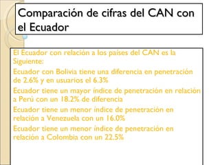 Comparación de cifras del CAN con el Ecuador El Ecuador con relación a los países del CAN es la Siguiente:  Ecuador con Bolivia tiene una diferencia en penetración de 2.6% y en usuarios el 6.3% Ecuador tiene un mayor índice de penetración en relación a Perú con un 18.2% de diferencia  Ecuador tiene un menor índice de penetración en relación a Venezuela con un 16.0%  Ecuador tiene un menor índice de penetración en relación a Colombia con un 22.5%  