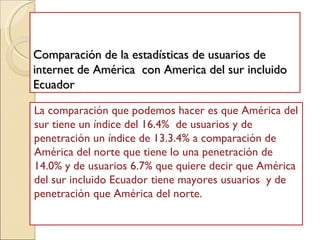 Comparación de la estadísticas de usuarios de internet de América  con America del sur incluido  Ecuador La comparación que podemos hacer es que América del sur tiene un índice del 16.4%  de usuarios y de penetración un índice de 13.3.4% a comparación de América del norte que tiene lo una penetración de 14.0% y de usuarios 6.7% que quiere decir que América del sur incluido Ecuador tiene mayores usuarios  y de penetración que América del norte. 