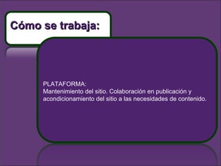 PLATAFORMA:  Mantenimiento del sitio. Colaboración en publicación y acondicionamiento del sitio a las necesidades de contenido. Cómo se trabaja: 