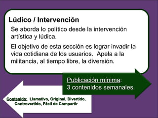 Contenido:   Llamativo, Original, Divertido, Controvertido, Fácil de Compartir Se aborda lo político desde la intervención artística y lúdica.  El objetivo de esta sección es lograr invadir la vida cotidiana de los usuarios.  Apela a la militancia, al tiempo libre, la diversión. Lúdico / Intervención Publicación mínima :  3 contenidos semanales. 