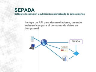 SEPADA 
Software de extración y publicación automatizada de datos abiertos 
Incluye un API para desarrolladores, creando 
webservices para el consumo de datos en 
tiempo real 
SEPADA_ 
SEPADA 
MVC 
 