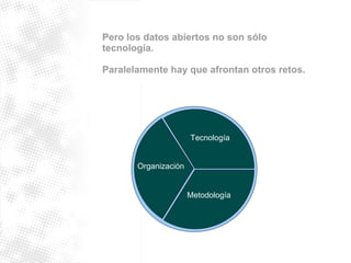 Pero los datos abiertos no son sólo 
tecnología. 
Paralelamente hay que afrontan otros retos. 
Tecnología 
Metodología 
Organización 
 