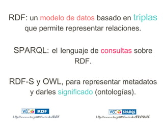 http://www.w3.org/2001/sw/wiki/RDF
RDF: un modelo de datos basado en triplas
que permite representar relaciones.
SPARQL: el lenguaje de consultas sobre
RDF.
RDF-S y OWL, para representar metadatos
y darles significado (ontologías).
http://www.w3.org/2001/sw/wiki/SPARQL
 