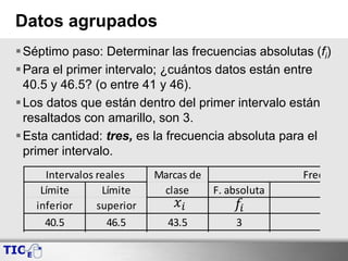 Datos agrupados
Séptimo paso: Determinar las frecuencias absolutas (fi)
Para el primer intervalo; ¿cuántos datos están entre
40.5 y 46.5? (o entre 41 y 46).
Los datos que están dentro del primer intervalo están
resaltados con amarillo, son 3.
Esta cantidad: tres, es la frecuencia absoluta para el
primer intervalo.
Marcas de
Límite Límite clase F. absoluta
inferior superior
40.5 46.5 43.5 3
46.5 52.5 49.5 9
52.5 58.5 55.5 23
FrecuenciIntervalos reales
 